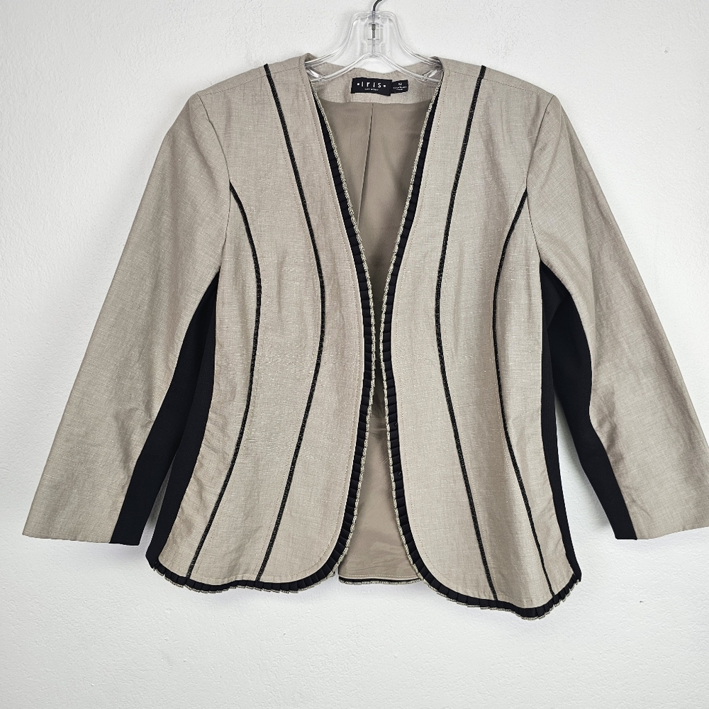 Iris Setlakwe Blazer Linen Blend Ribbed Knit Accent Piping Sz 12 Quiet Luxury